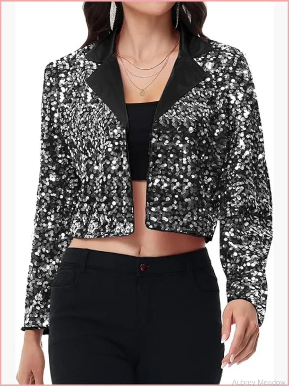 Cropped Sequin Blazer Long Sleeve Satin Lapel Party Club Cardigan